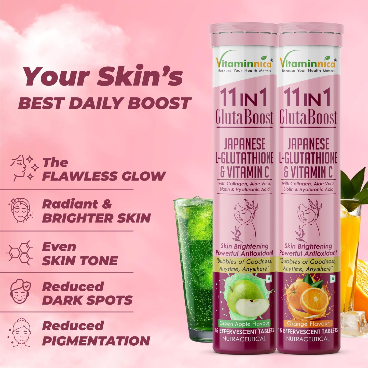 Vitaminnica Gluta Boost 11-in-1-45 Effervescent Tablets Orange Flavour with Japanese L-Glutathione, Collagen, & Hyaluronic Acid | Skin Radiance & Beauty Supplement | (Pack of 3)
