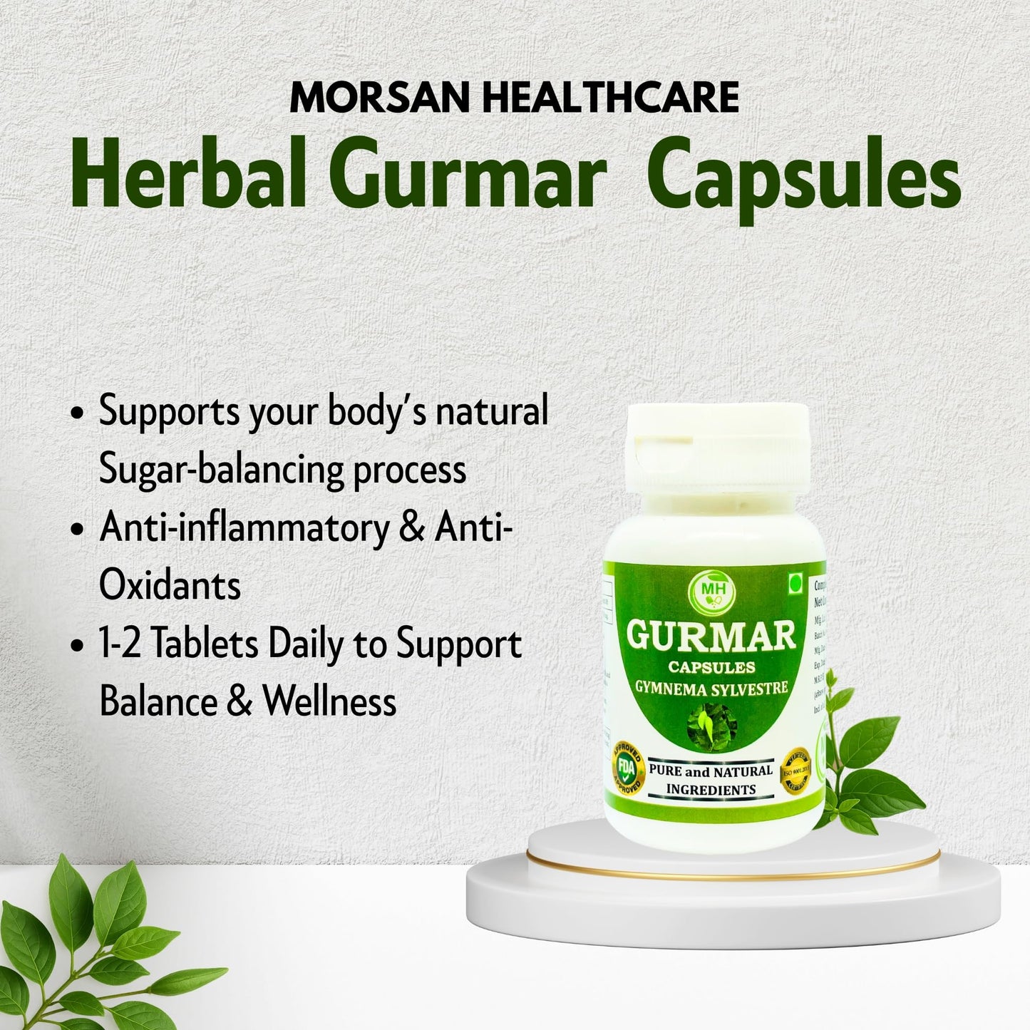 MORSAN HEALTHCARE | Ayurvedic Gurmar (Gudmar) Capsules 500mg – 60 Count | Vegetarian | Plant-Based | Herbal Supplement | No Artificial Additives | Gluten-Free | Organic | Gymnema sylvestre | Dia Free Herbal Capsules (pack of 1)