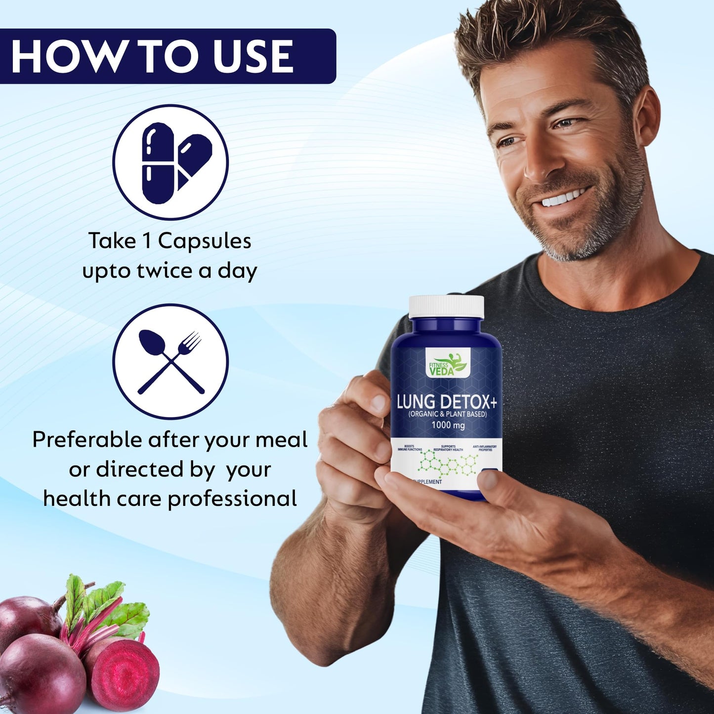 FITNESSVEDA Lung Detox+ Supplement | Respiratory Wellness & Immune Support |Organic & Plant Based | Clears Congestion, Supports Breathing Comfort, Improves Lung Health & Daily Cleanse | Pack of 1 – 60 Capsules