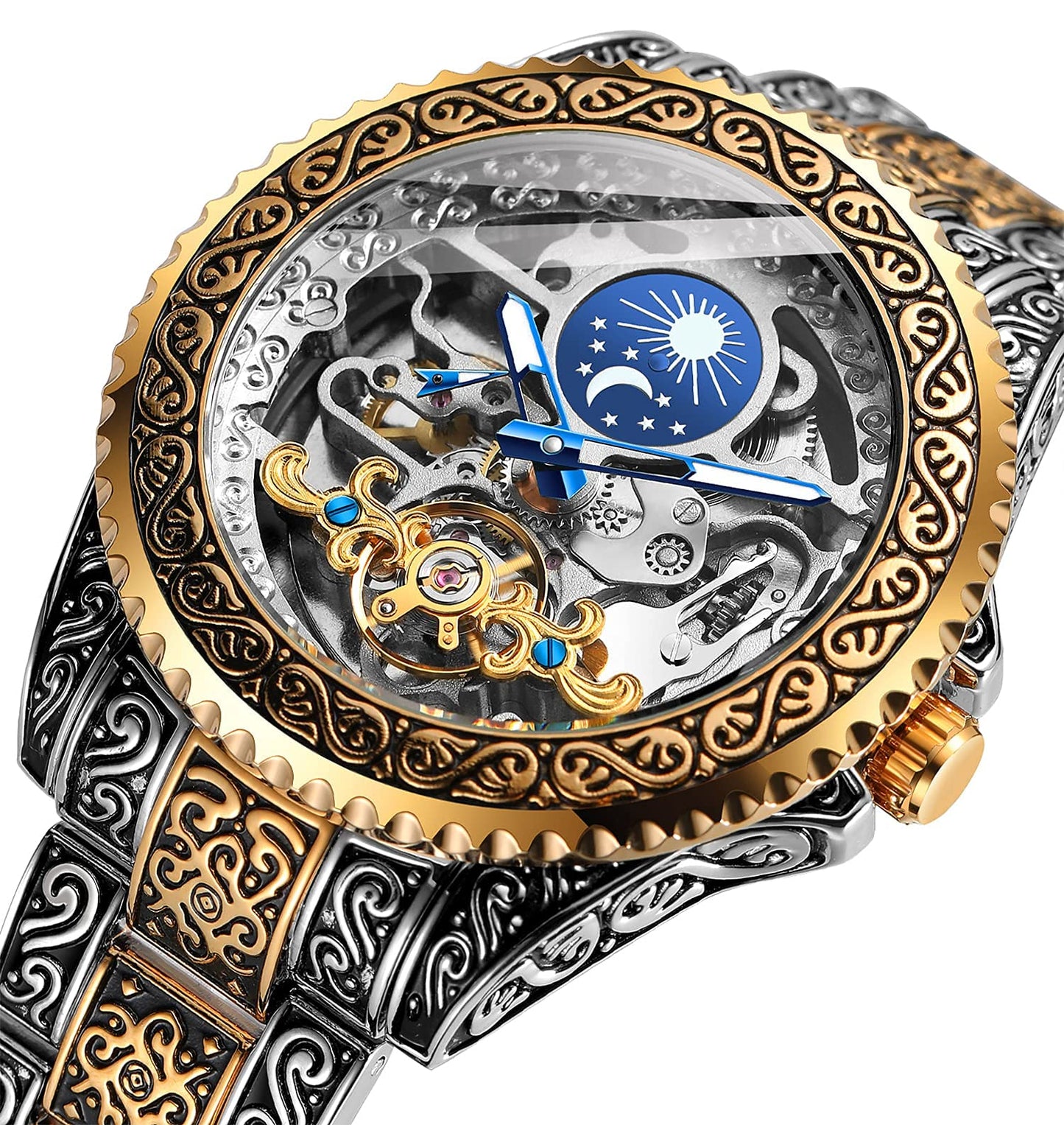 FORSINING Stainless Steel Retro Analog Watch For Men Carved Self-Wind Mechanical Tattoo Tourbillon Moon Phase Independent Seconds Skeleton Automatic Big Dial Wrist Watches, Gold, Mechanical