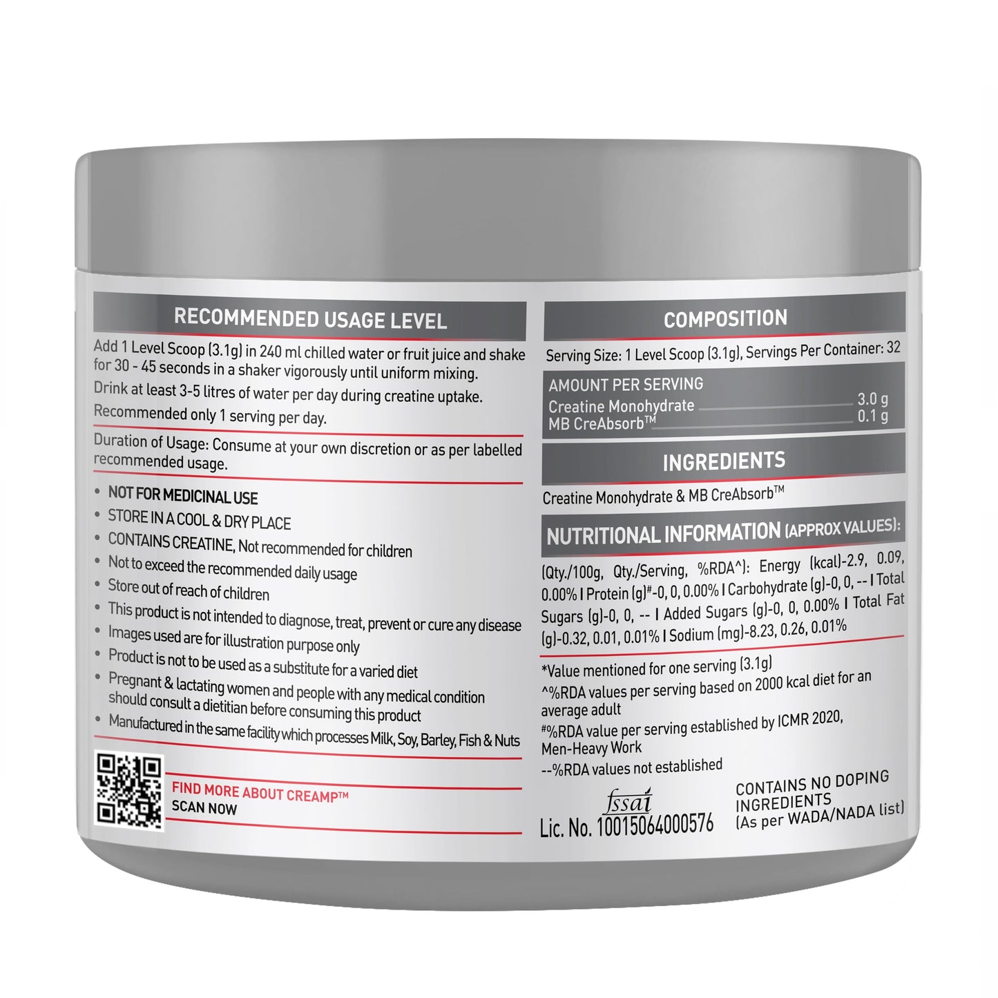 MuscleBlaze Creatine Monohydrate CreAMP™ Powder (Unflavoured, 32 Servin- image 3