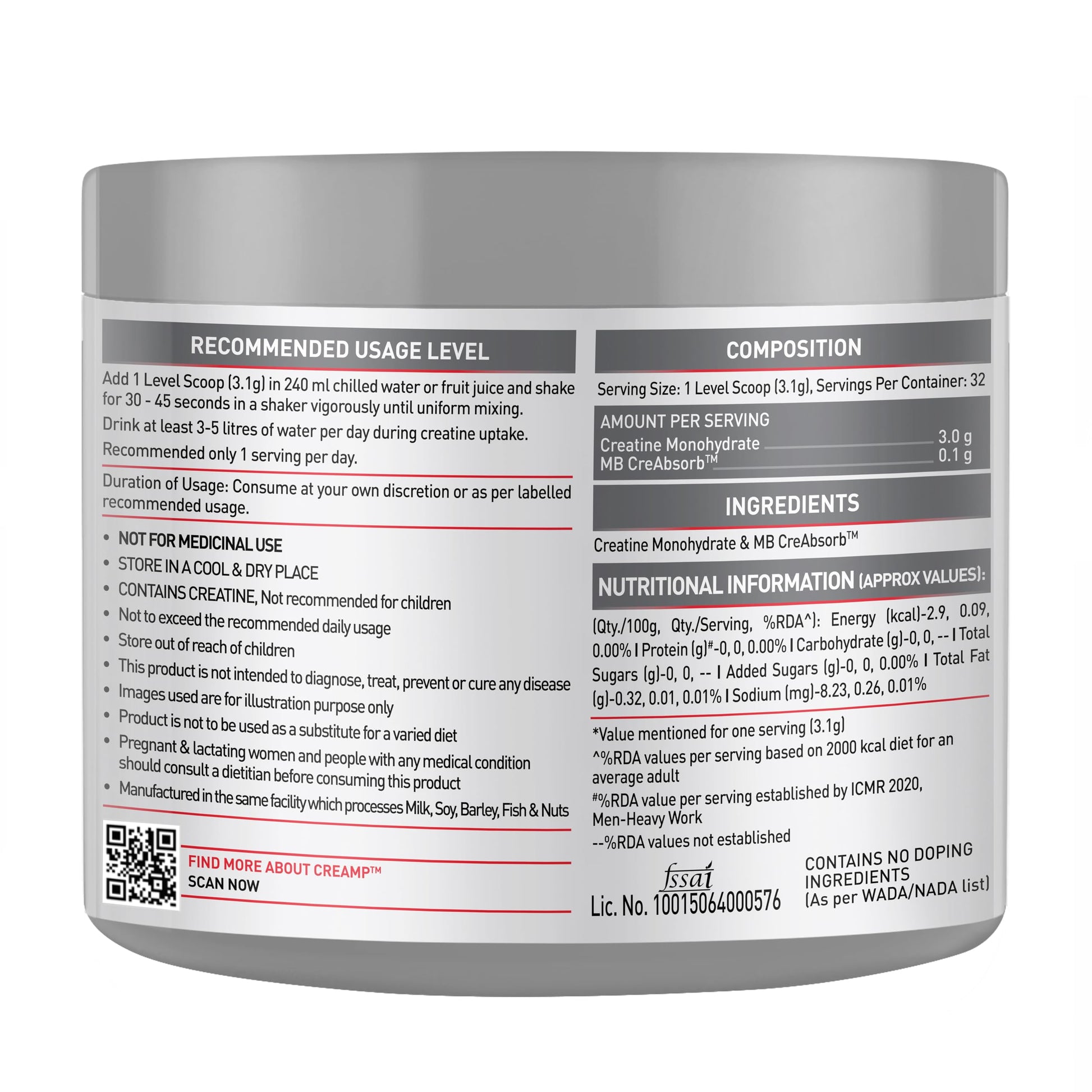 MuscleBlaze Creatine Monohydrate CreAMP™ Powder (Unflavoured, 32 Servin- image 3
