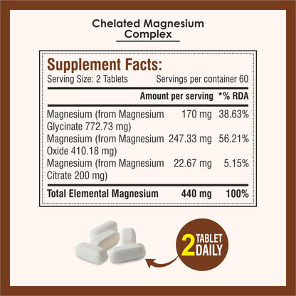 Biotrex Nutraceuticals Chelated Magnesium Complex, Magnesium Riched Source From Glycinate, Oxide & Citrate, Supports Bone, Muscle & Nerves Health - 120 Vegetarian Tablets