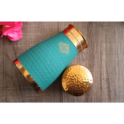 INDIAN ART VILLA Pure Copper Bedroom Water Bottle with Inbuilt Glass, Green Silk Finish Hammered Design, Drinkware & Storage Purpose - Volume - 1 litre (Pack of 2)