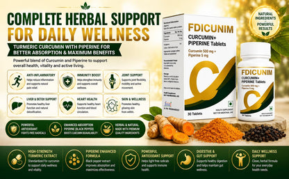 Docttray Fdicunim Curcumin, Piperine Tablets with Turmeric, Black Pepper Extract | Advanced Absorption and High Bioavailability Formula | 30 Tablets