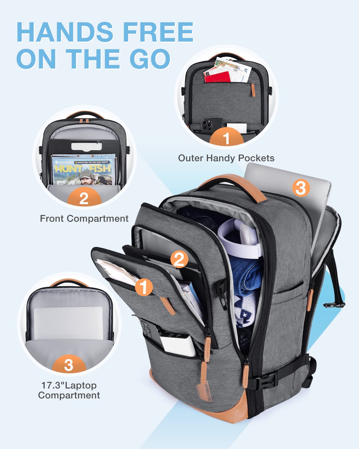 BAGSMART Travel Laptop Backpack, 40L Expandable Airline Approved Carry On Backpack with Packing Cubes, Grey, 47cm*31cm*15.5cm, Travel Backpack Carry on Flight Approved