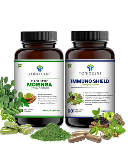 TONIXCENT Combo – Moringa 2000mg & ImmunoShield 1250mg Capsules, 60+60 Veg Capsules