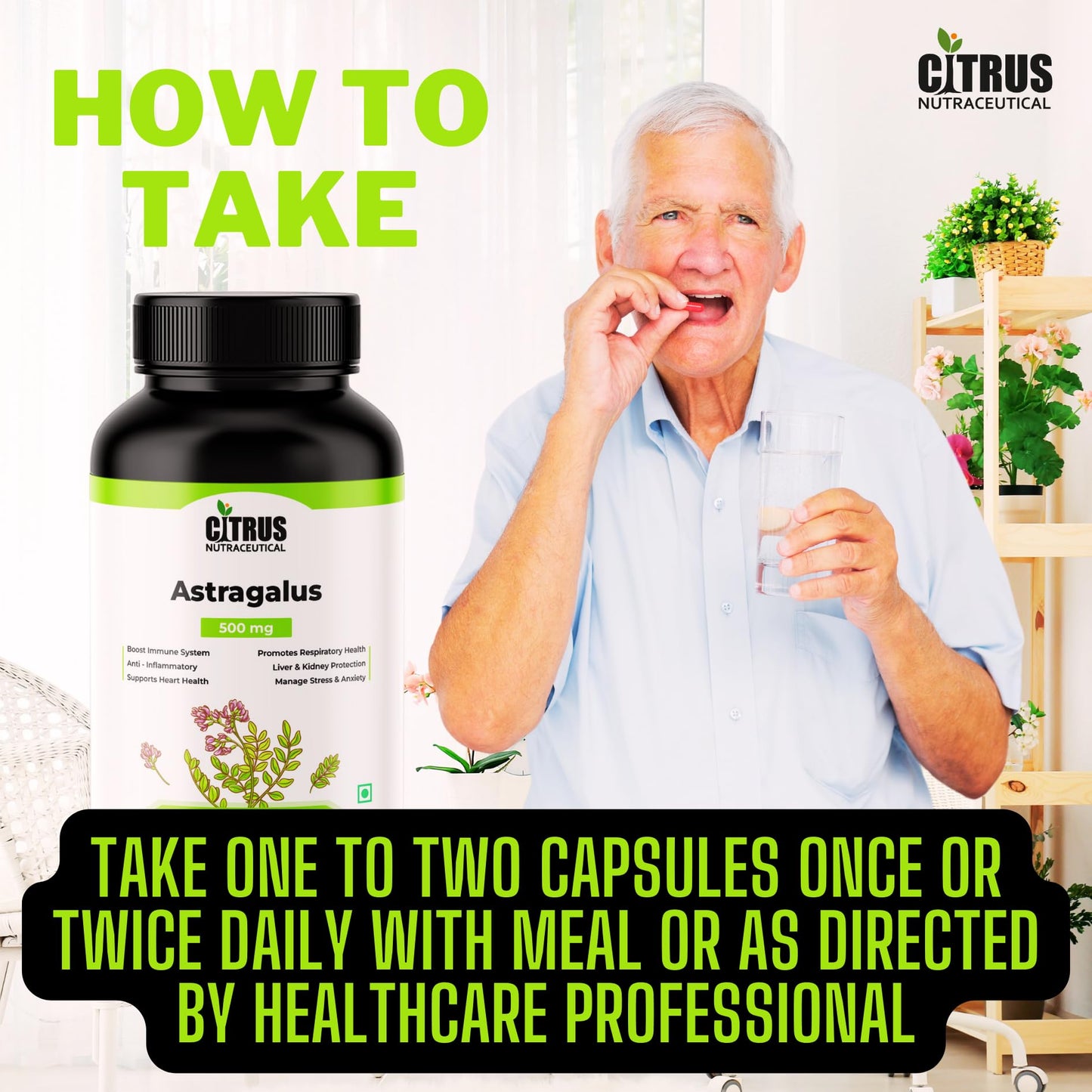 CITRUS NUTRACEUTICAL Astragalus Extract 500 mg For Antioxidant, Boost Immunity, Supports Heart, Lungs, Kidney and Liver Health- 60 Capsules
