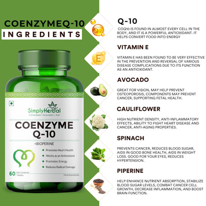Simply Herbal CoQ10 Natural Coenzyme Q10 Tablets 200mg with Bioperine Antioxidant Supplements, Provide Superior Absorption, Supplement for Heart Health and Energy Metabolism - 60 Tablets