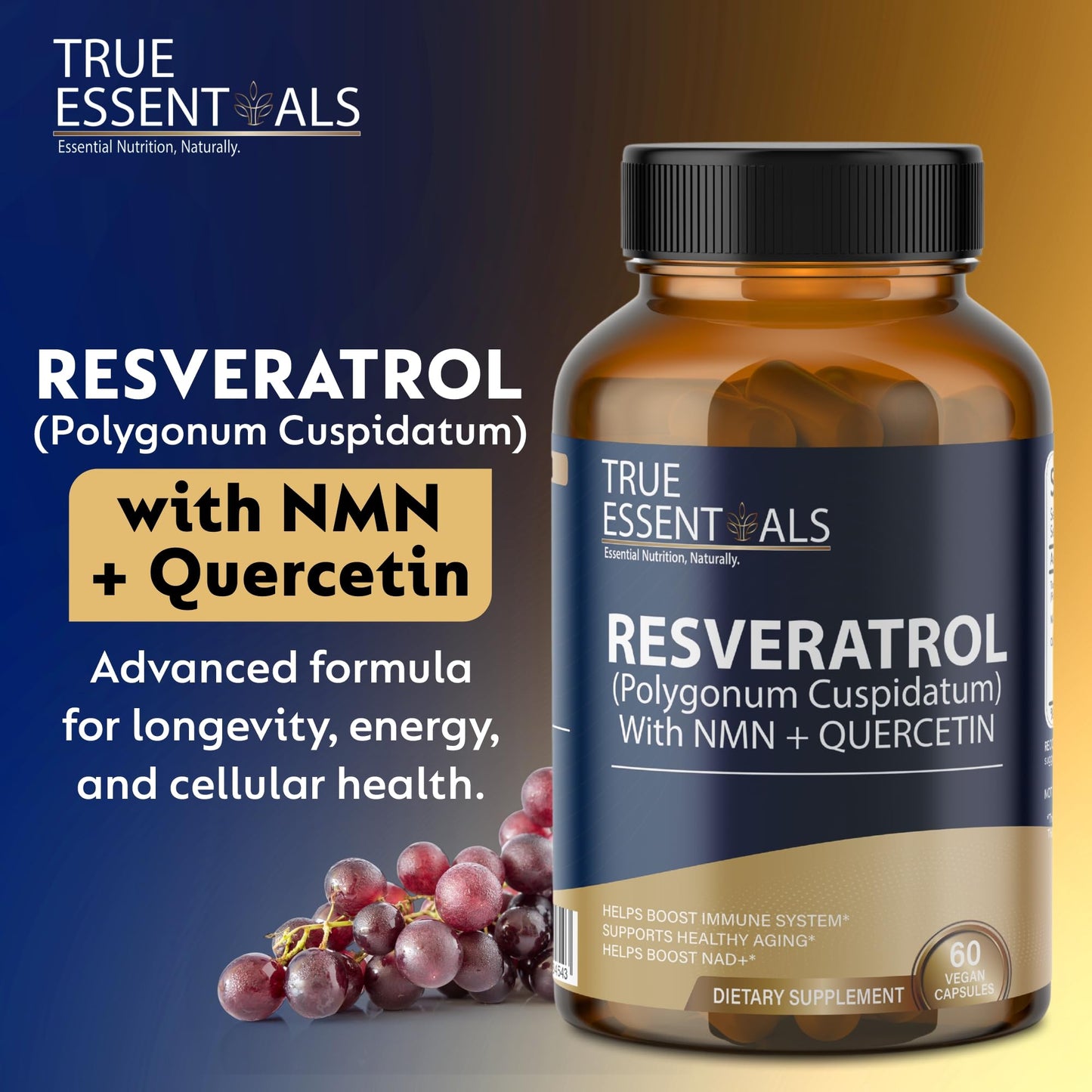 True Essentials Trans Resveratrol 99.9% Pure 500mg Supplement Slow down Aging | Anti-Inflammatory | Improves Metabolism and Heart health (60 Veg Capsules)