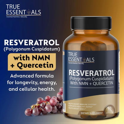 True Essentials Trans Resveratrol 99.9% Pure 500mg Supplement Slow down Aging | Anti-Inflammatory | Improves Metabolism and Heart health (60 Veg Capsules)