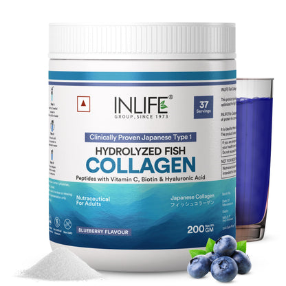 INLIFE Japanese Marine Collagen Supplements for Women & Men | Clinically Proven Ingredient with Biotin, Hyaluronic Acid, Vitamin C & Glucosamine (200g, Blueberry)