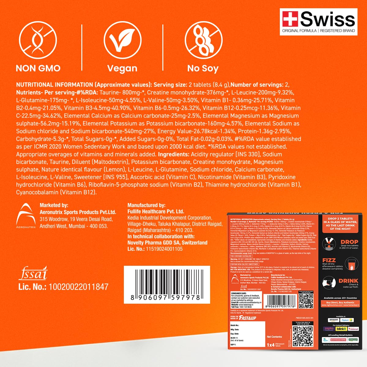 Fast&Up NightOut | 4 Effervescent tabs | Instant Hangover Relief | Helps detoxify liver | Rapid hydration & energy | Helps prevent Hangover | Zero sugar | Fizzy lemon flavour