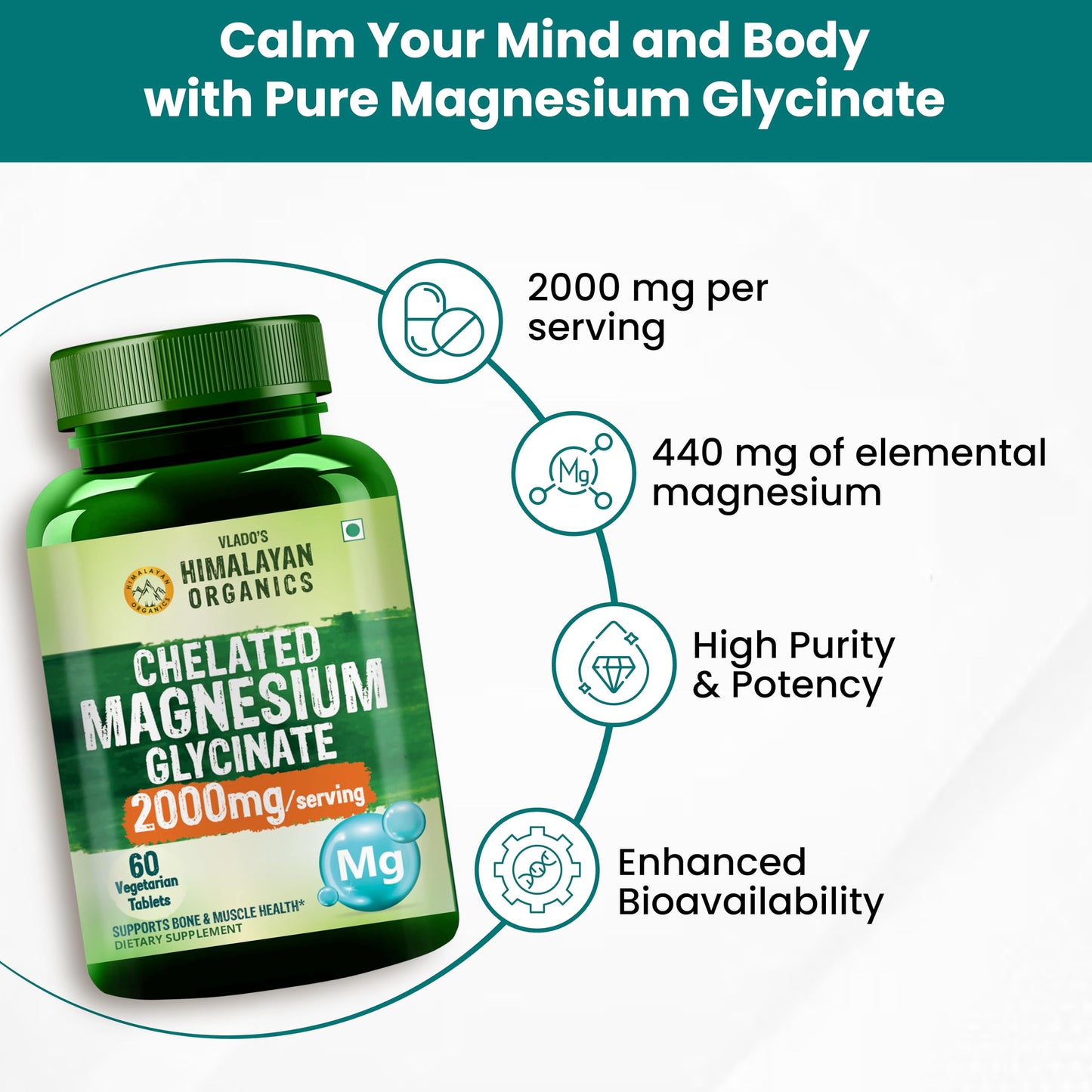 Vlado's Himalayan Organics Chelated Magnesium Glycinate Supplement 2000mg Per Serving | Magnesium Supplement Supports | Clinically Approven | Muscle Recovery & Better Sleep - 60 Veg Tablets
