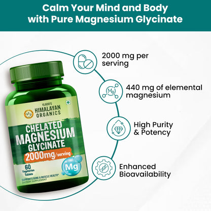 Vlado's Himalayan Organics Chelated Magnesium Glycinate Supplement 2000mg Per Serving | Magnesium Supplement Supports | Clinically Approven | Muscle Recovery & Better Sleep - 60 Veg Tablets