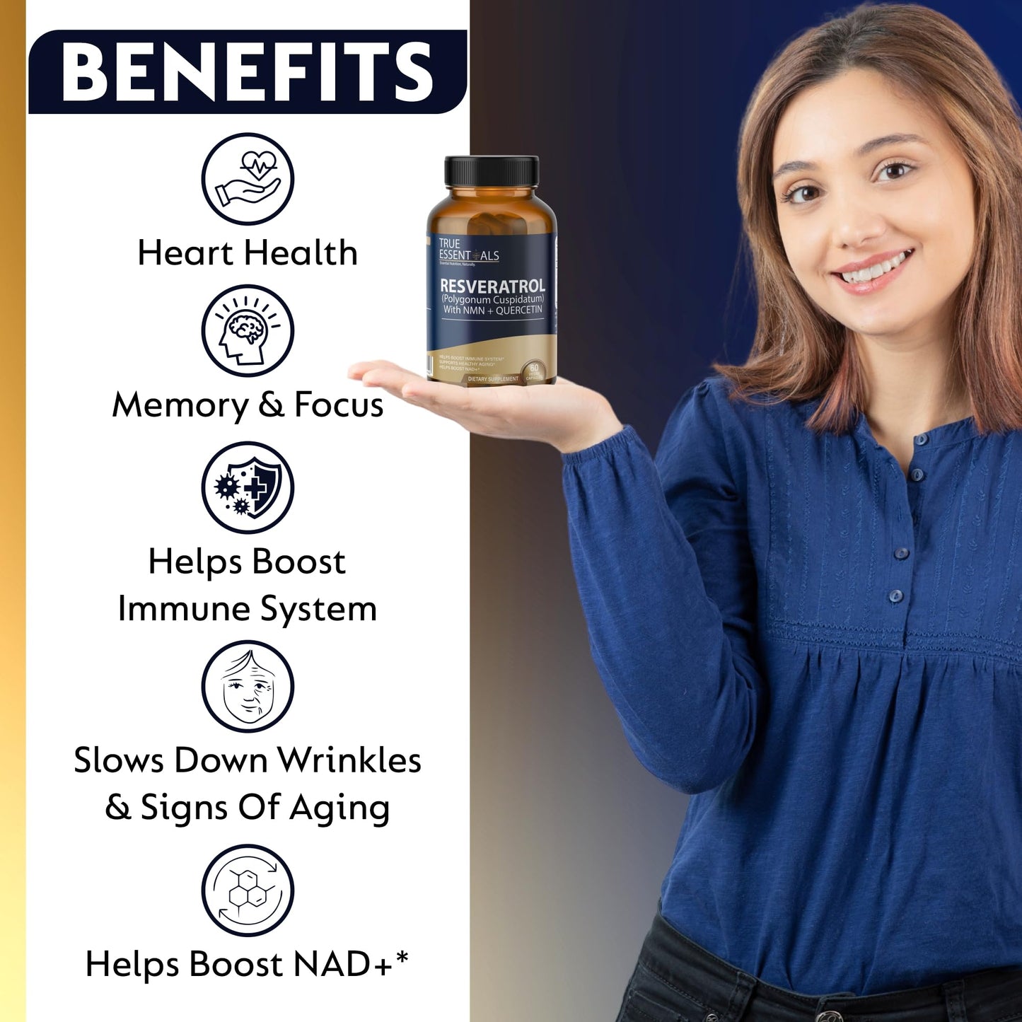 True Essentials Trans Resveratrol 99.9% Pure 500mg Supplement Slow down Aging | Anti-Inflammatory | Improves Metabolism and Heart health (60 Veg Capsules)