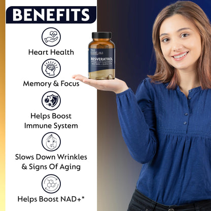 True Essentials Trans Resveratrol 99.9% Pure 500mg Supplement Slow down Aging | Anti-Inflammatory | Improves Metabolism and Heart health (60 Veg Capsules)