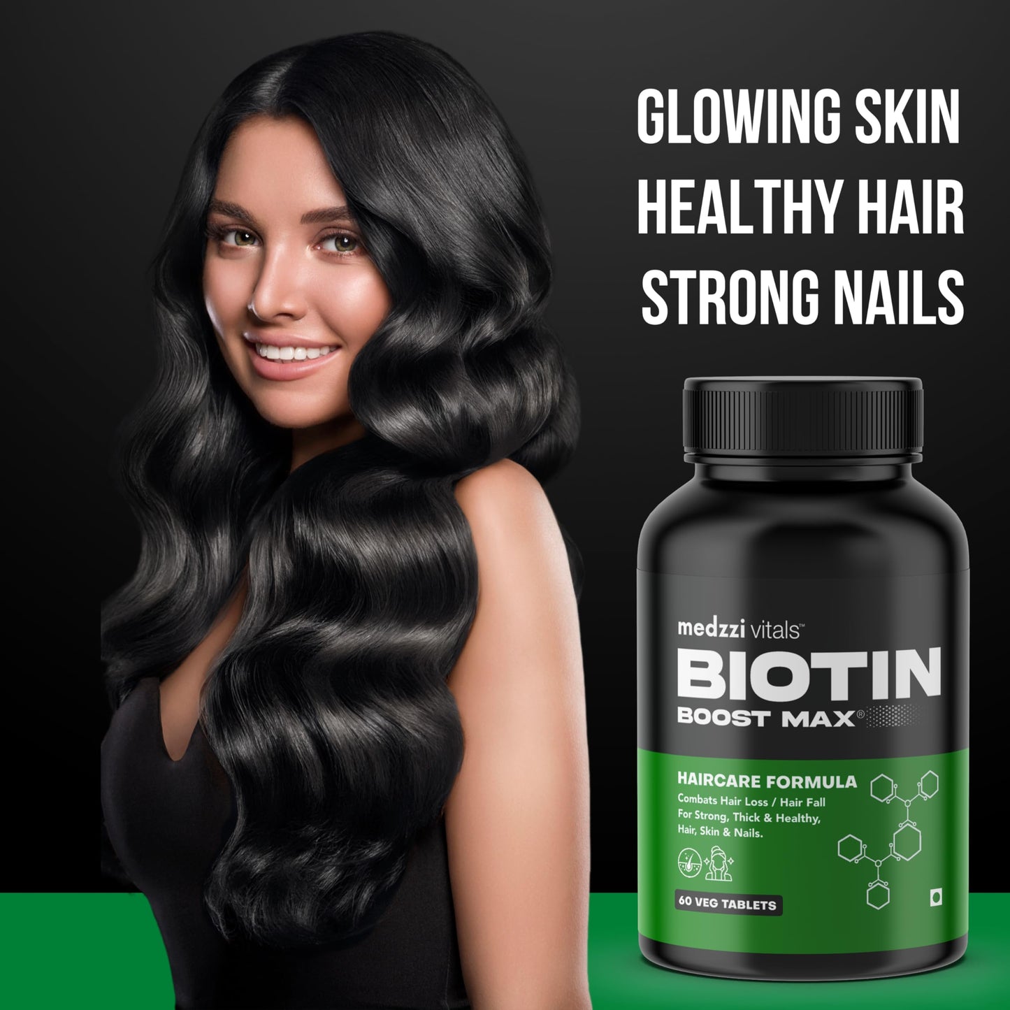 Medzzi Vitals Biotin Boost Max | Biotin for Hair Growth | Multivitamin Supplement for Strong Hair and Glowing Skin, Fights Nail Brittleness| For Both Men & Women| 60 Veg