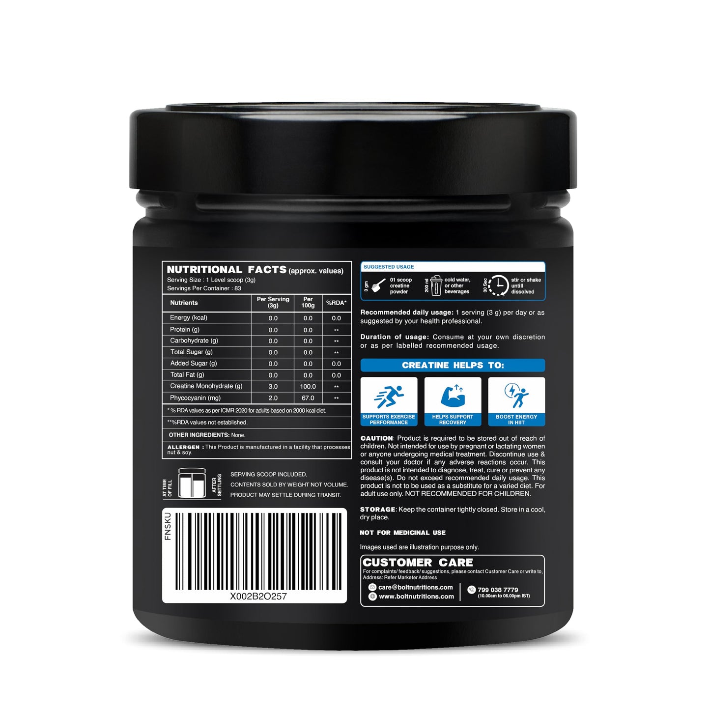 Bolt Micronised Creatine Monohydrate 3000 Powder|With Phycocyanine|Boosts Athletic Performance|Provides Energy Support For Heavy Workout|Formulated In Usa| 250 grams (0.55Lb),83 Serving|Unflavored