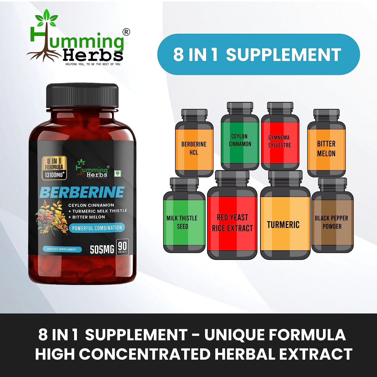 Humming Herbs Berberine | 8in1 | 90 Caps | 13100mg | with Bitter Melon,- image 7