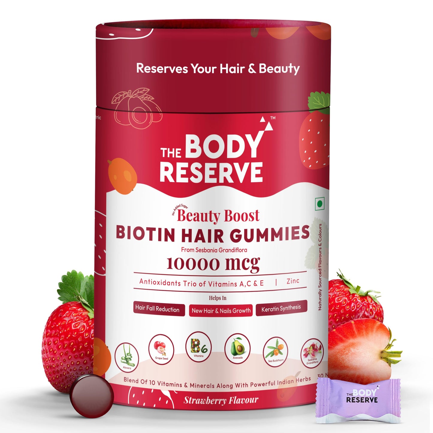 The Body Reserve Biotin Hair Gummies | No Added Sugar| 60 Gummies| Builds Keratin for Stronger Hair,Nails & Healthier Skin| Reduces Hair Fall For Men Women| Strawberry Flavour (Pack of 1)