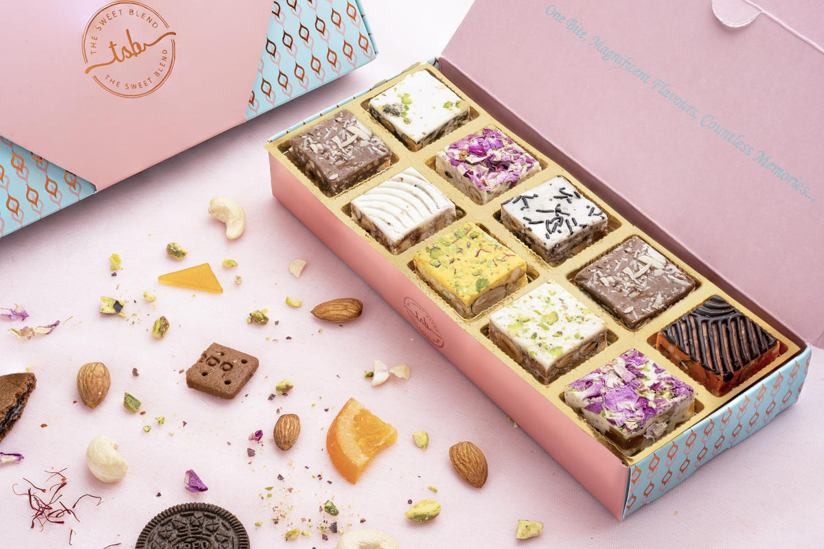 THE SWEET BLEND 6-in-1 Gift Hamper | Soan Papdi (300 g), Farali Chivda (200 g), Mysore Pak (250 g), Dry Fruit Bites, All-Flavor Crunch & Rose Kaju Katli | Assorted Mithai & Snacks Box | Raksha Bandh