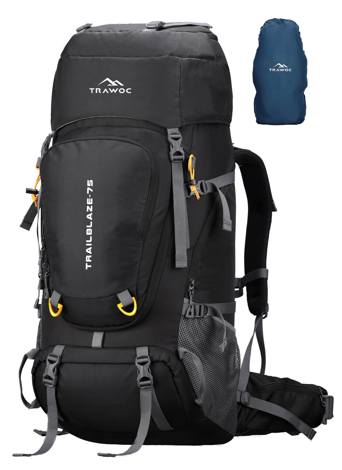 TRAWOC TRAILBLAZE 75 Liter Rucksack bag for Men & Women, Travel Backpack Camping Hiking Trekking Bag Rain Cover/Shoe Compartment, Black, 3 Year Warranty