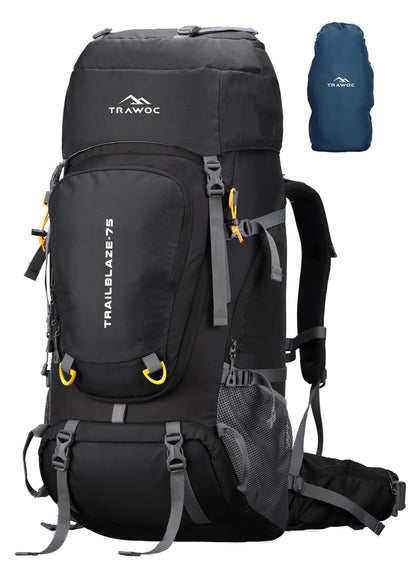 TRAWOC TRAILBLAZE 75 Liter Rucksack bag for Men & Women, Travel Backpack Camping Hiking Trekking Bag Rain Cover/Shoe Compartment, Black, 3 Year Warranty