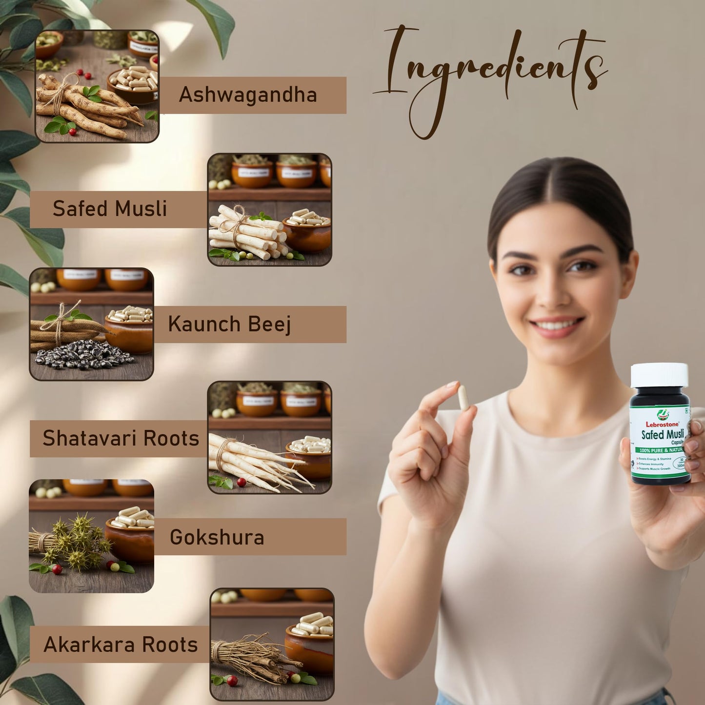 Lebrostone Ayurvedic Capsule | Ashwagandha, Safed Musli, Shatavari, Kauch Beej, Gokshura & Akarkara |Combo Pack of 6