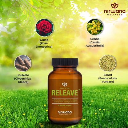 Nirwana Releave Powder for Constipation,Gas, Acidity & Bloating Relief | Natural Herbal Gut Cleanse & Detox | Soothes Digestive Tract | No Cramps or Diarrhoea | 100% Herbal Formula | 80g (Pack of 2)