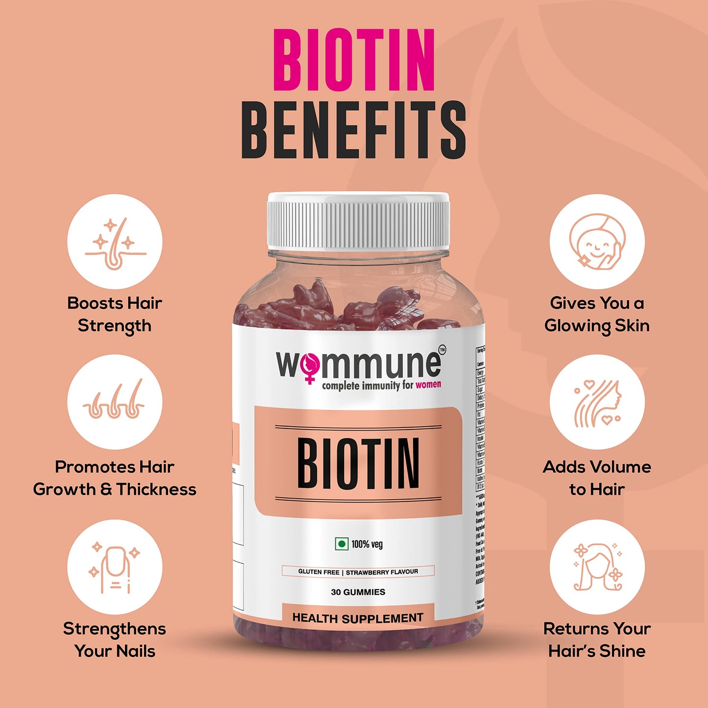 Wommune Biotin Gummies with Zinc, Vitamin C, A, D, E, B6, B12, B5 & Folic Acid for Hair, Skin & Nail Supplements | Strawberry Flavour | helps in Skin care & Hair Growth 30gummies