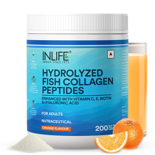 INLIFE Marine Collagen Powder, Hydrolyzed Peptides, Hyaluronic Acid Vitamin C E Biotin, Skin Hair & Joint Health, Men Women, Orange 200g
