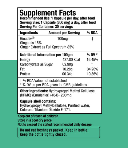 Pureveda Activ Digest - Full Spectrum Ginger Extract Capsule - Natural Digestion Supplement - Improve Gastrointestinal Health - 30 Veg Capsules