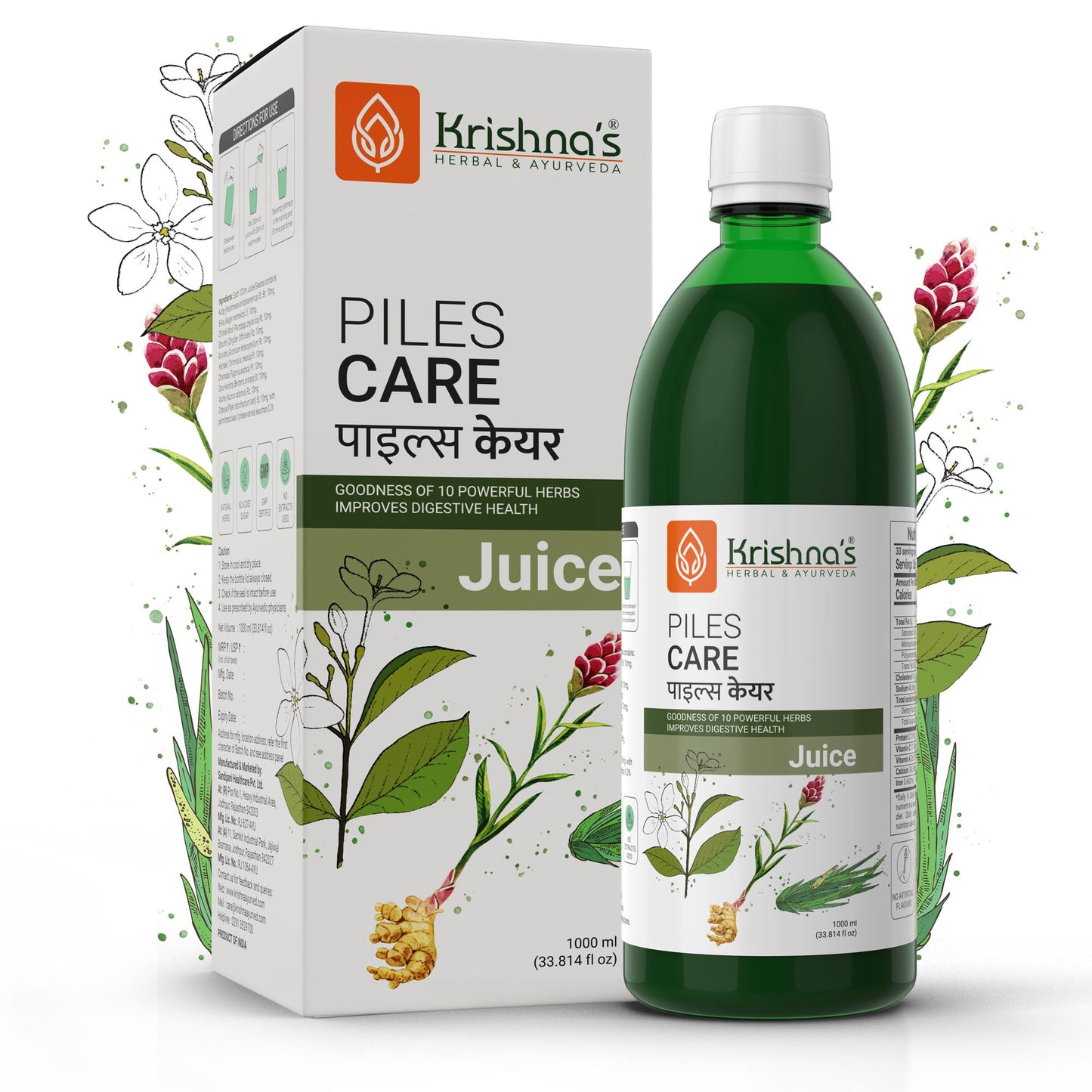 KRISHNA'S HERBAL & AYURVEDA Piles Care Juice - 1000 Ml, Ayurvedic Piles Care Expert, Goodness Of Chitrak Mool, Bachh, Kutaj, Bilav & 6 Other Herbs