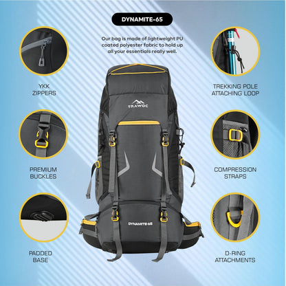 TRAWOC DYNAMITE 65L Travel Backpack for Hiking Trekking Bag Camping Rucksack for Men & Women with Rain Cover/Shoe Compartment MHK002, 3 Year Warranty, Grey