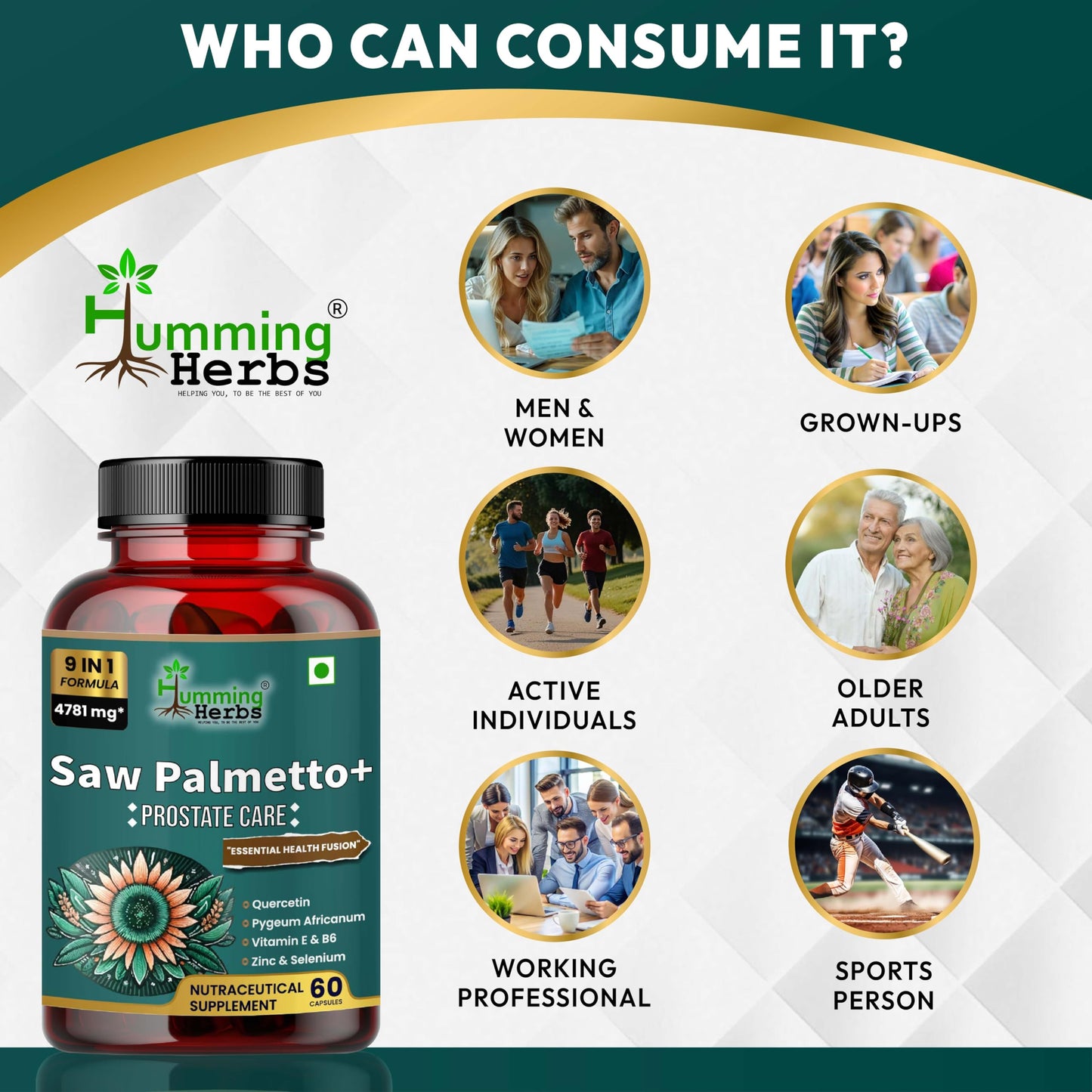 Humming Herbs Saw Palmetto Plus Urinary Support - Enhanced Formula with Quercetin, Turmeric, Pygeum, Vitamins E & B6, Zinc, Selenium for Men's Health - Veg Capsules - Herbal Supplement