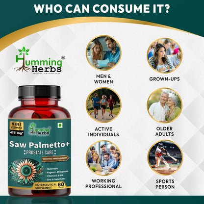 Humming Herbs Saw Palmetto Plus Urinary Support - Enhanced Formula with Quercetin, Turmeric, Pygeum, Vitamins E & B6, Zinc, Selenium for Men's Health - Veg Capsules - Herbal Supplement