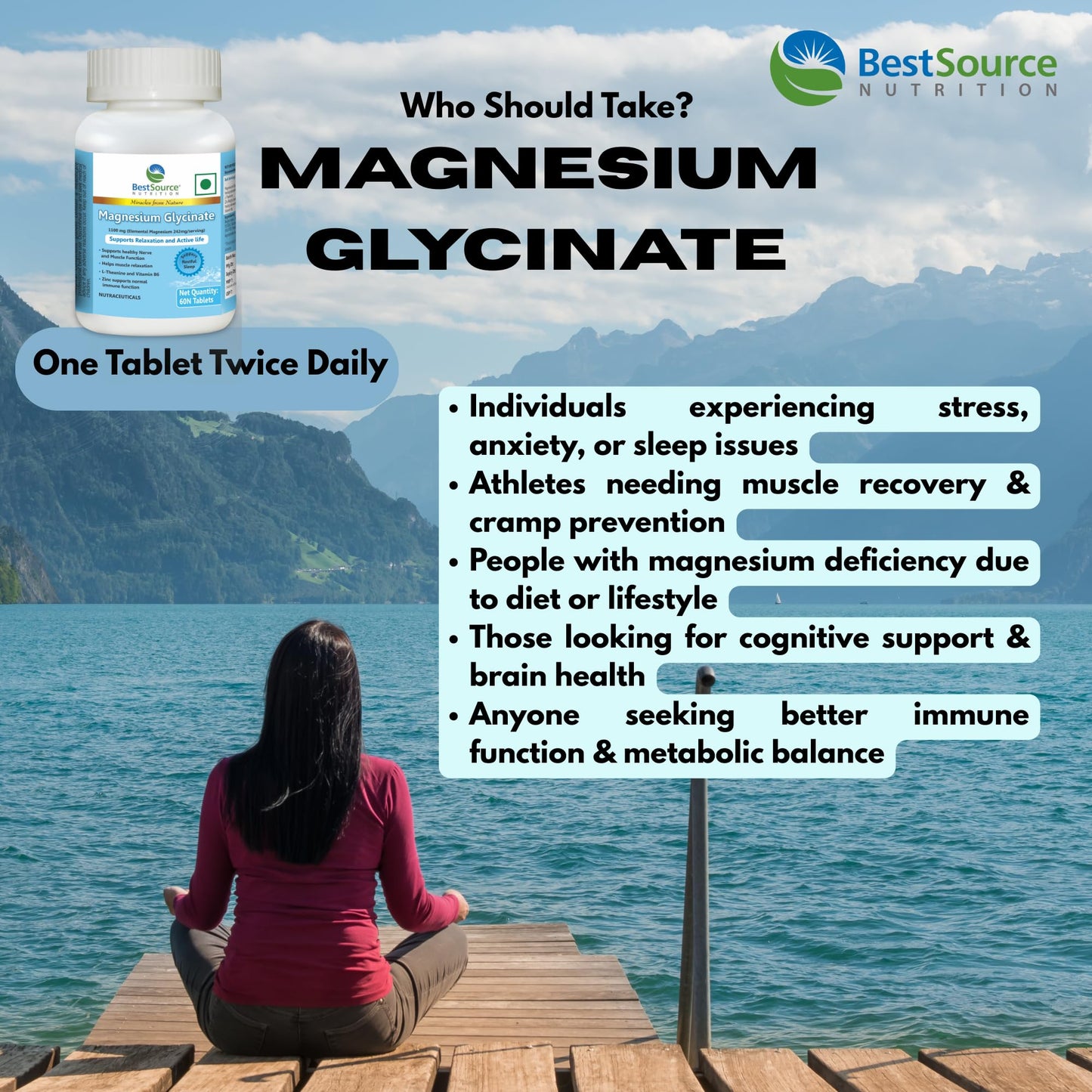 BestSource Nutrition's Magnesium Glycinate with L-Theanine, Zinc & Vitamin B6 | High Absorption Magnesium for Muscle Relaxation, Cramps, Sleep, & Nerves Support | Vegetarian Supplement|60 tablets