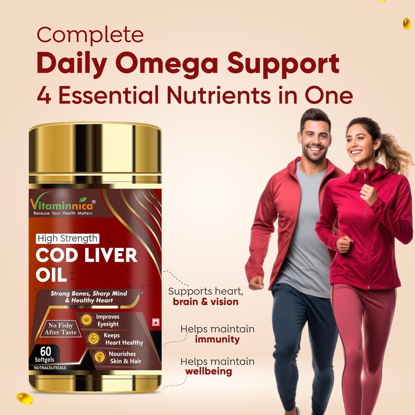 Vitaminnica Norwegian Cod Liver Oil 1000mg Softgels – Natural Omega-3 with Vitamins A & D, Supports Heart Brain & Immune Health, Deep Sea Source, 60 Softgels