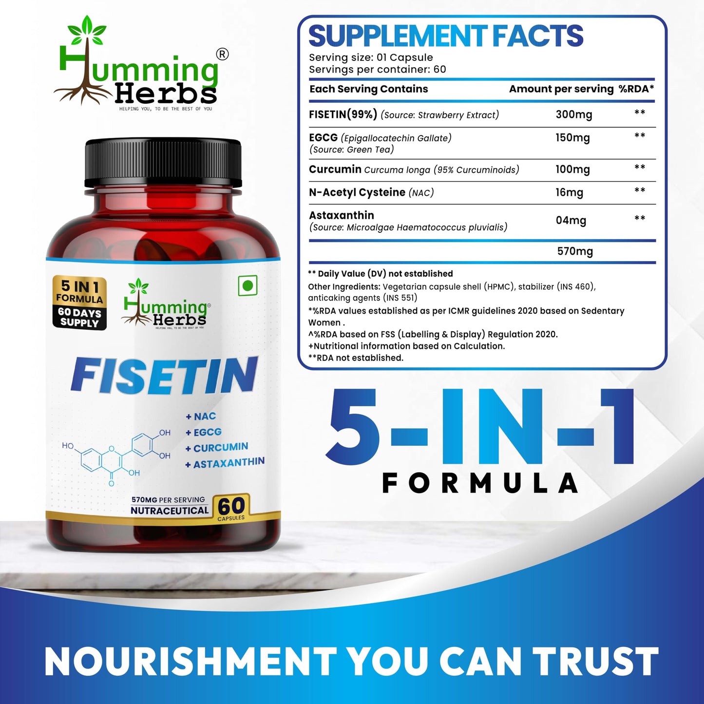 Humming Herbs Fisetin Supplement with NAC, EGCG, Curcumin & Astaxanthin | 5-in-1 Formula | Nutraceutical Capsules (60)