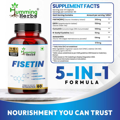 Humming Herbs Fisetin Supplement with NAC, EGCG, Curcumin & Astaxanthin | 5-in-1 Formula | Nutraceutical Capsules (60)