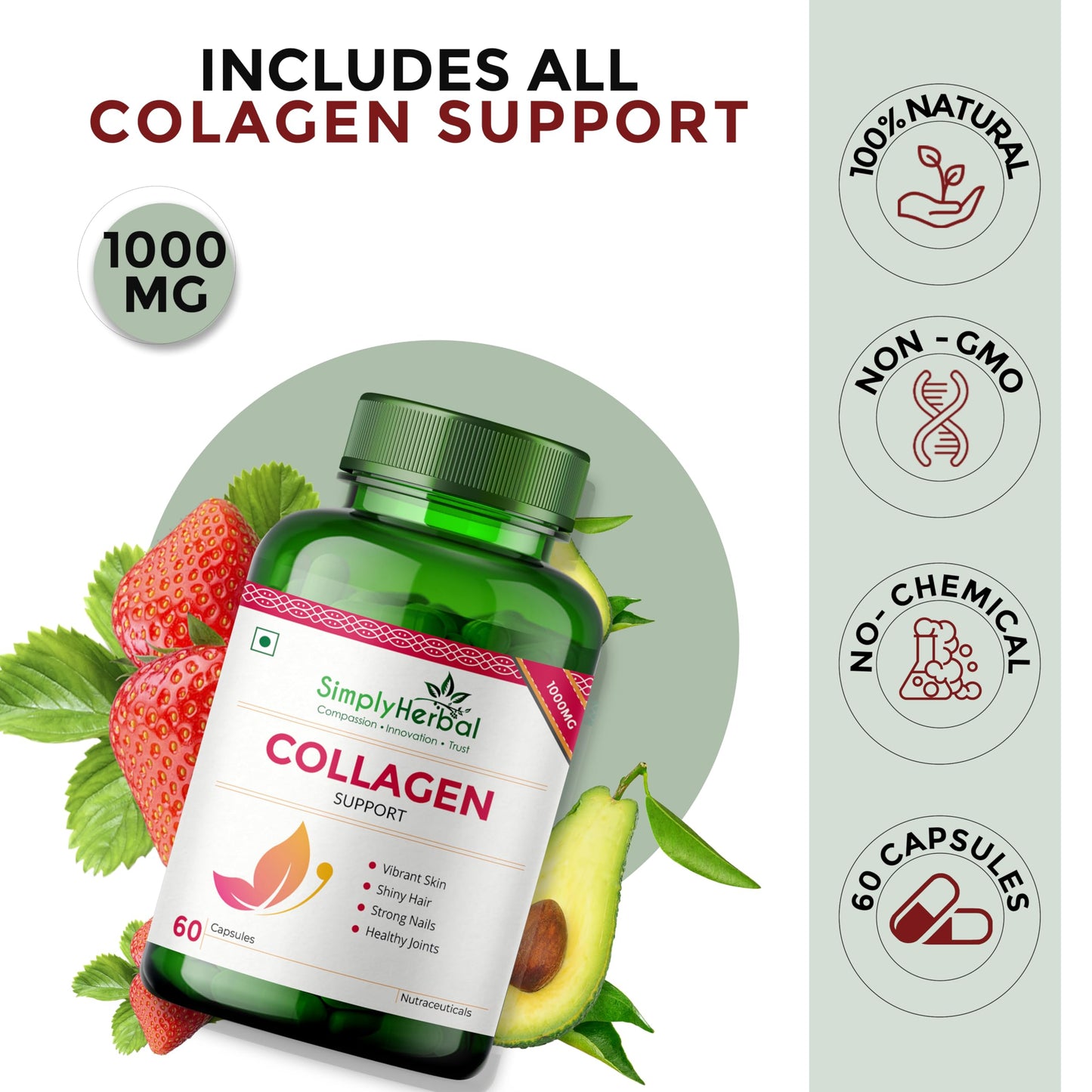 Simply Herbal Collagen Builder 1000mg with Biotin & Vitamin C for Hair, Skin, & Nails, Plant-Based Supplement Capsules for Women & Men, 60 Count