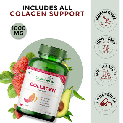 Simply Herbal Collagen Builder 1000mg with Biotin & Vitamin C for Hair, Skin, & Nails, Plant-Based Supplement Capsules for Women & Men, 60 Count