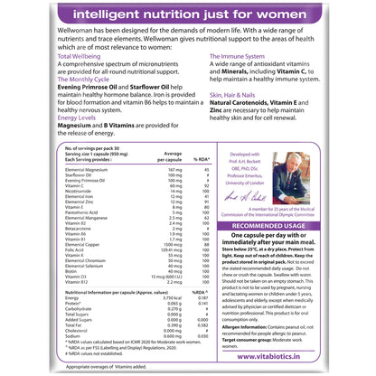 Wellwoman Multivitamin Capsules For Women With Evening Primrose Oil,Magnesium,Vitamin C,B6,Folic Acid To Provide All Round Nutrition,Immunity,Helps Reduce Pms,Pcos Symptoms,30 Veg Capsules,200 grams