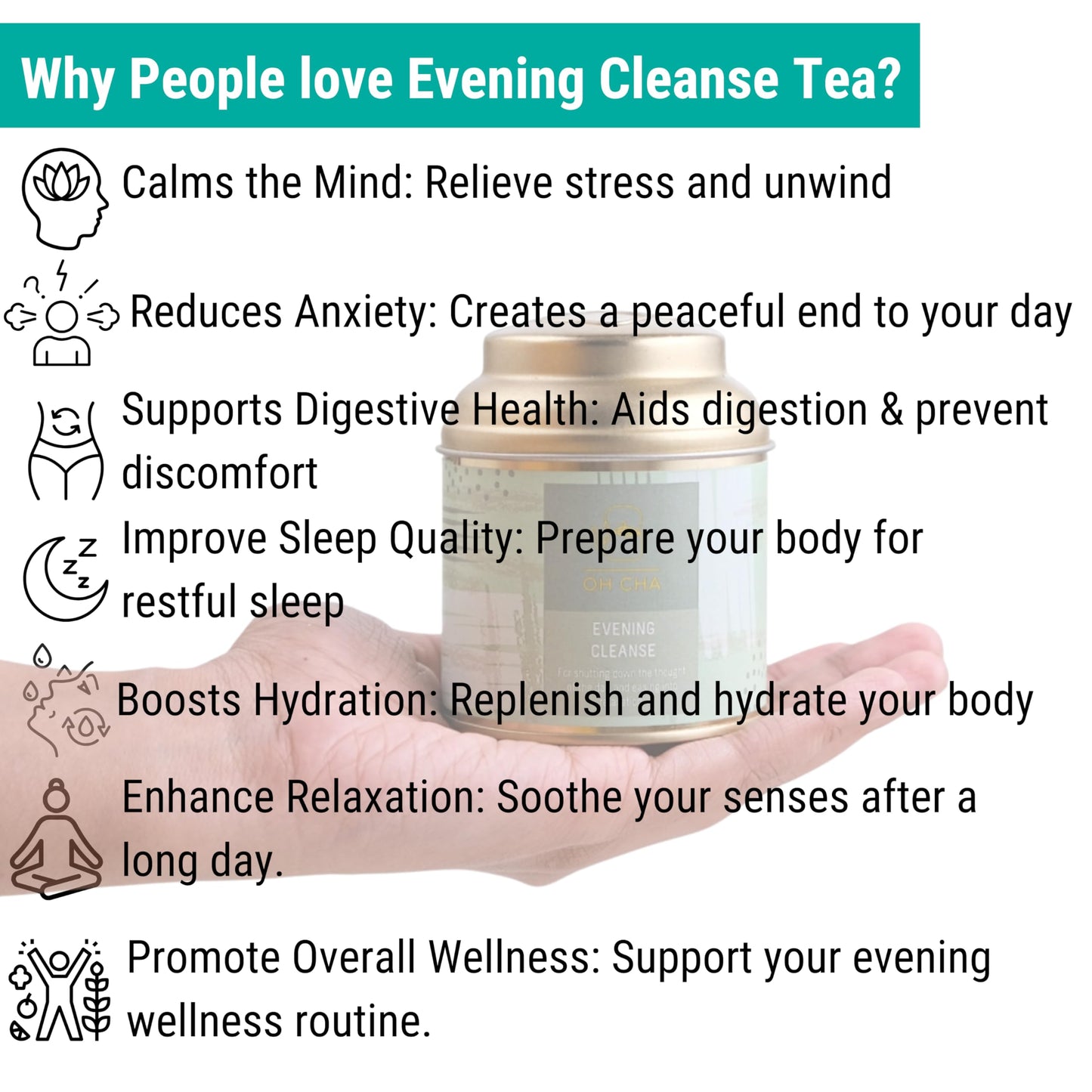 OH CHA - Evening Cleanse | Detox Green Tea with Brahmi, Shatavari, Cinnamon, Blue Cornflower, Hibiscus, Citric Rinds | Cleanse Worries Away | 100% Whole Green Tea Leaves | 35g Tin Caddy