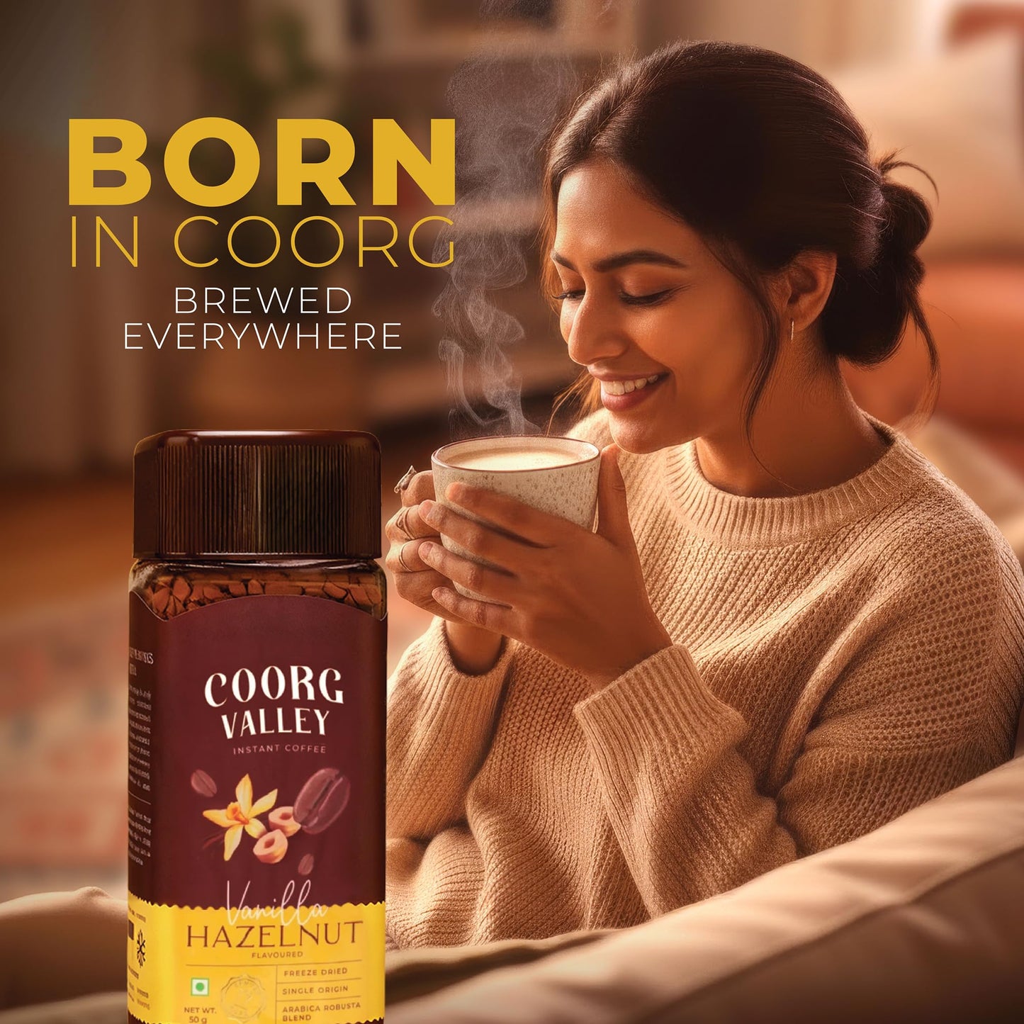Coorg Valley Vanilla Hazelnut Instant Coffee 50g | Flavoured Coffee | Premium Blend of Robusta & Arabica | Freeze Dried | Make Café Style Hot & Cold Coffee at Home