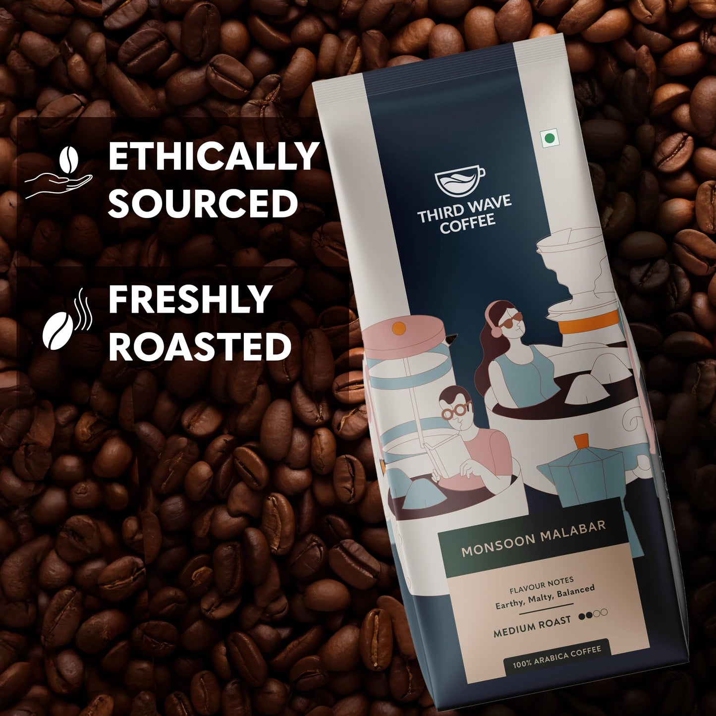 THIRD WAVE COFFEE | Monsoon Malabar Aa | 100% Arabica | Medium Roast | Whole Beans | 250 grams | Pouch