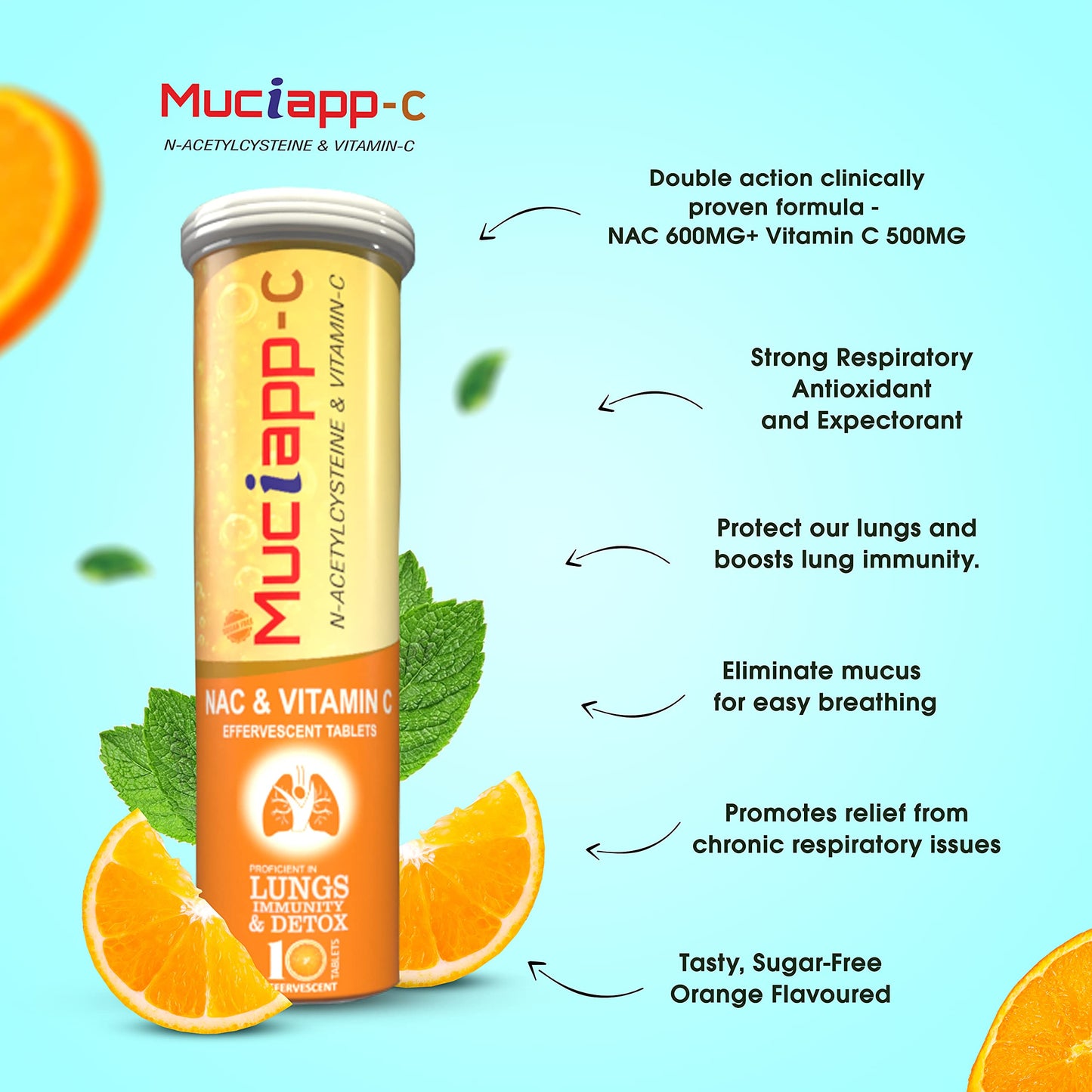 Muciapp NAC & Vitamin C - 10 Tablets (Pack Of 1) | N-Acetylcysteine 600mg |For Men & Women | Powerful Antioxidant & Lung Detox Support | Immune Booster for Respiratory Health, Liver Cleanse
