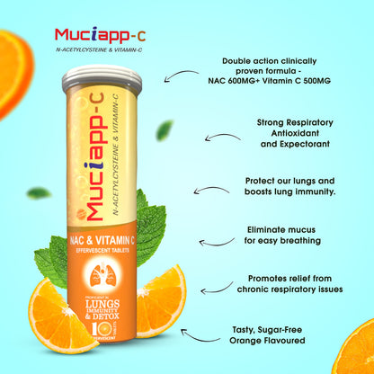 Muciapp NAC & Vitamin C - 10 Tablets (Pack Of 1) | N-Acetylcysteine 600mg |For Men & Women | Powerful Antioxidant & Lung Detox Support | Immune Booster for Respiratory Health, Liver Cleanse