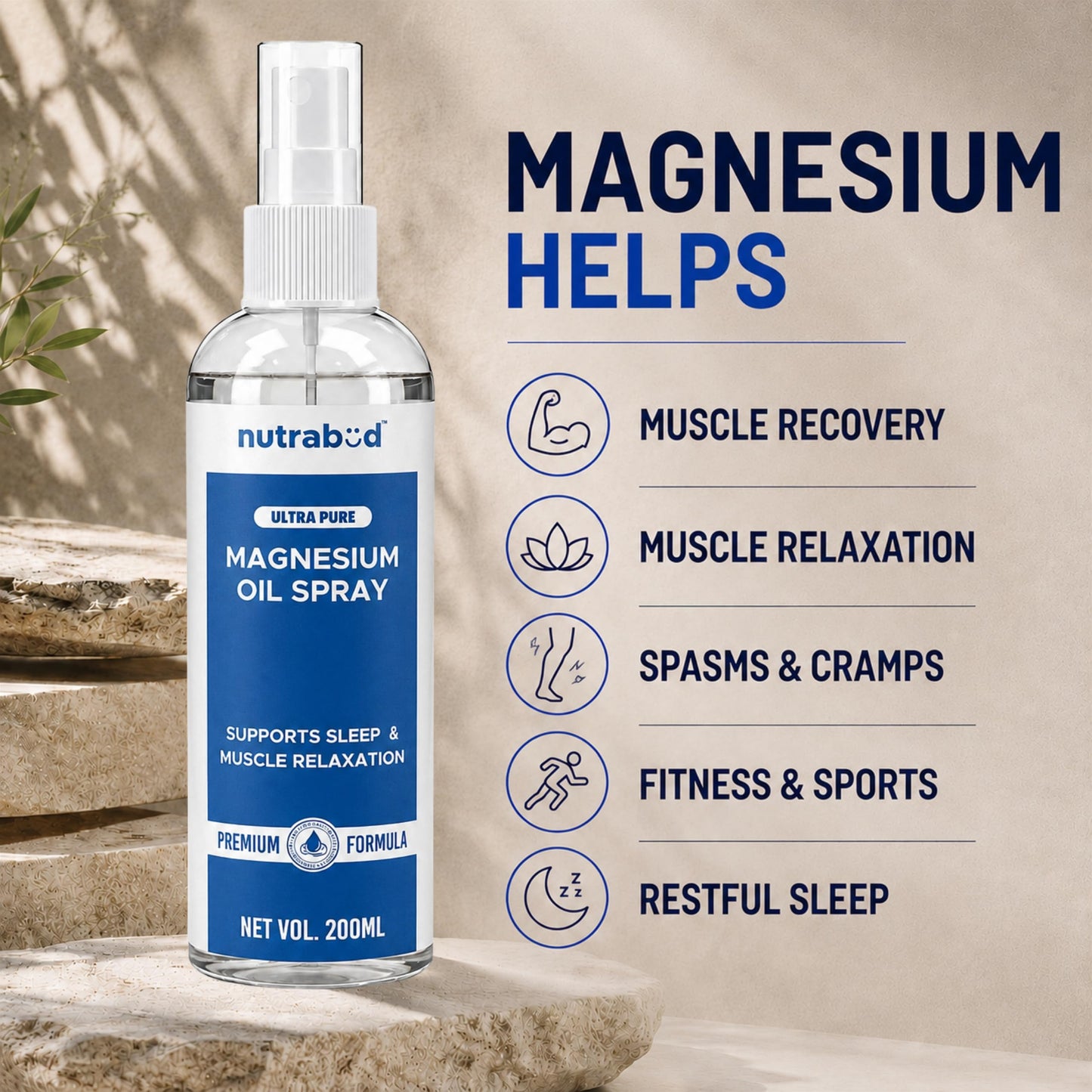 Nutrabud Magnesium Oil Spray - 200ml | Topical Spray Magnesium Oil For Feet, Muscle Relaxation, Deep Sleep Support, Recovery From Cramps (200ml (Pack of 1))